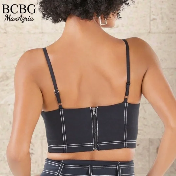 BCBGMAXAZRIA Topstitch Bustier-Style Full Zip Back Crop Top/Dk. Navy/LG NWT